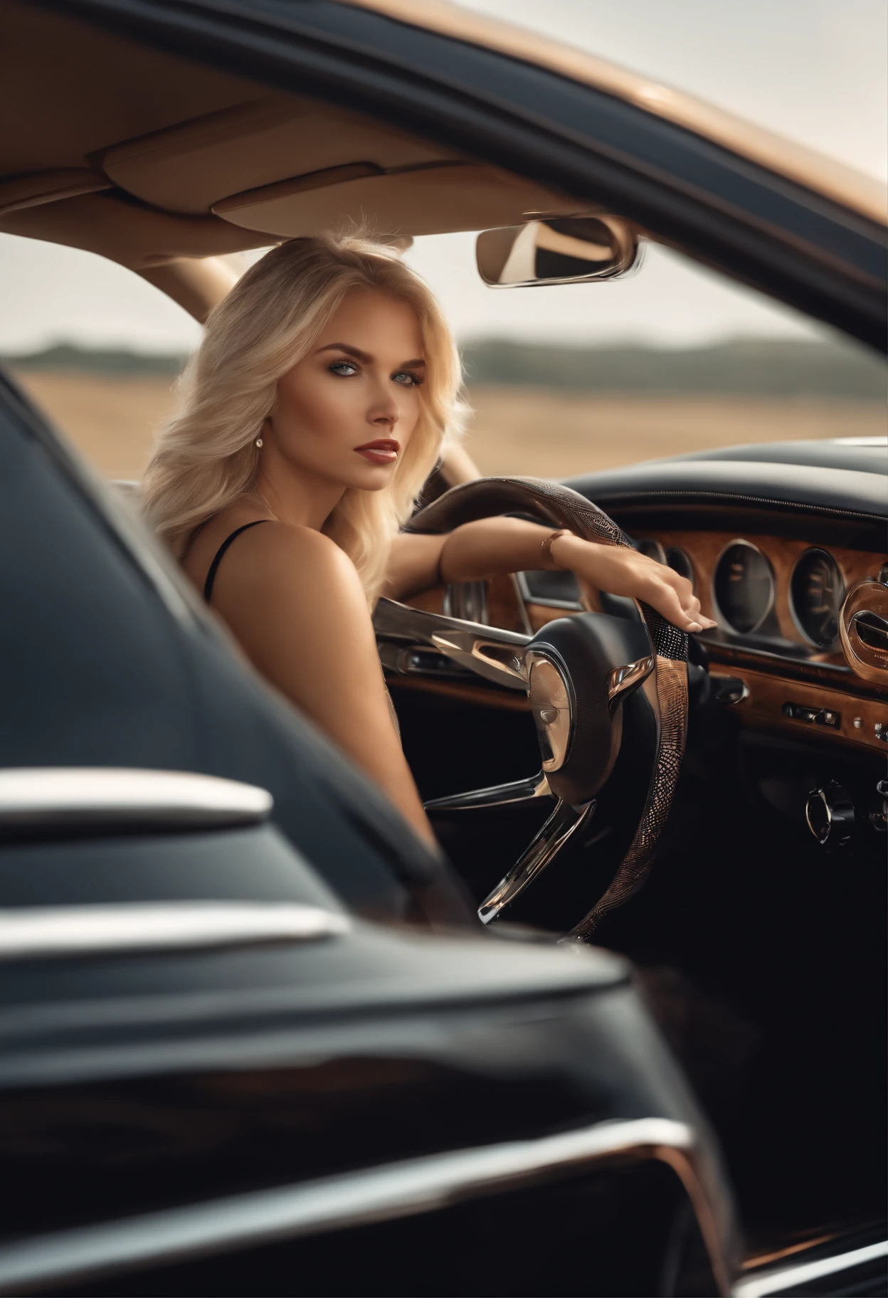 a woman blonde driving a luxury car, blonde hair, sports type.