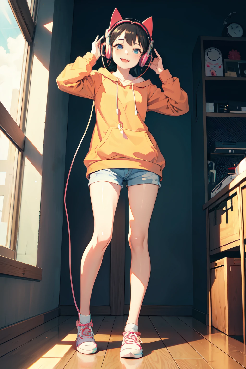 a happy animated girl with headphones on listening to lofi songs, full body