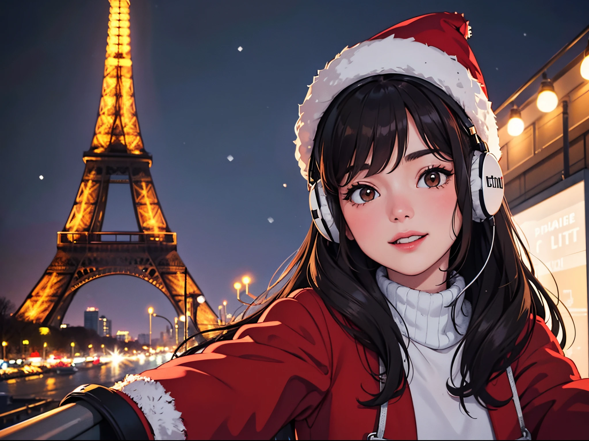 lofi happy brunette girl with headphones poses to selfie from analog camera in front of beautiful landscape of Paris, Eiffel tower. winter night, it's snowing a lot. lights. travel. tourist warm clothes, red jacket, black gloves, white winter hat. long hair. cold breath.