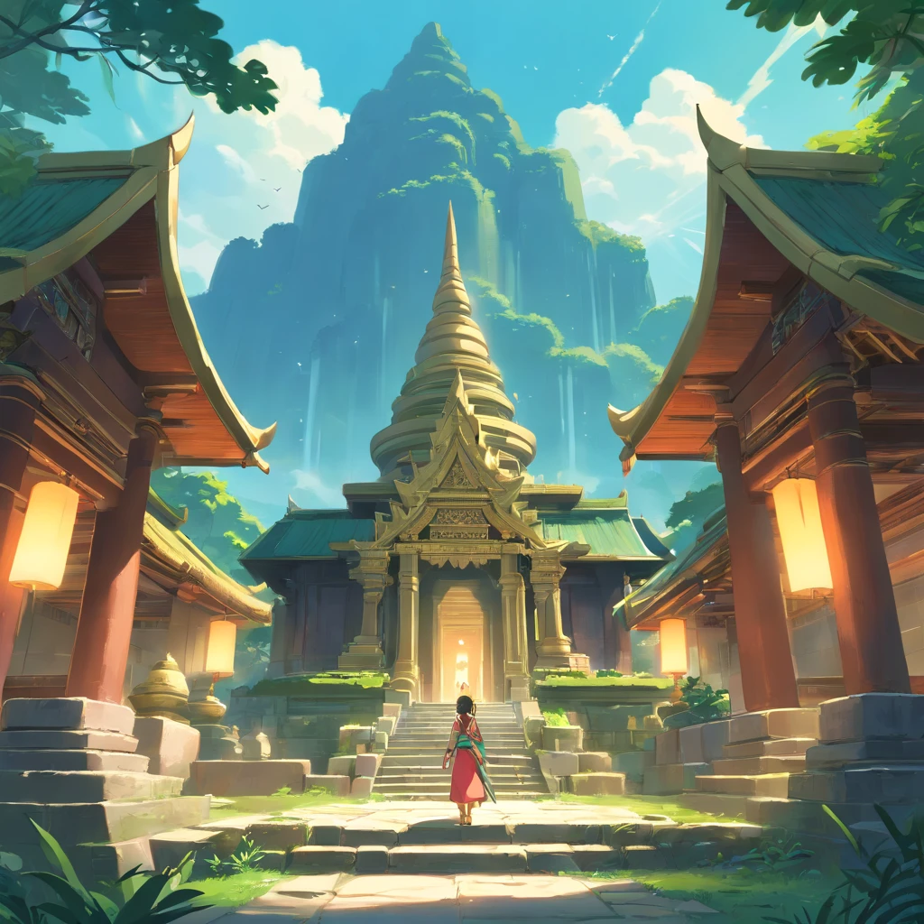Concept art for Zelda adventure game based on ancient Thailand with Thai temples and mythical animals, enigmatic, intricate details, ultra realistic