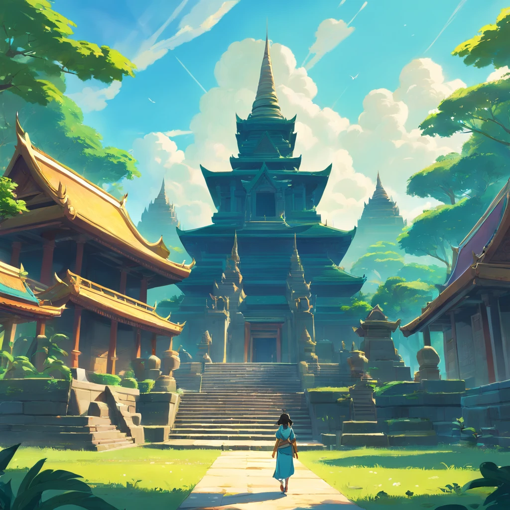 Concept art for Zelda adventure game based on ancient Thailand with Thai temples and mythical animals, enigmatic, intricate details, ultra realistic