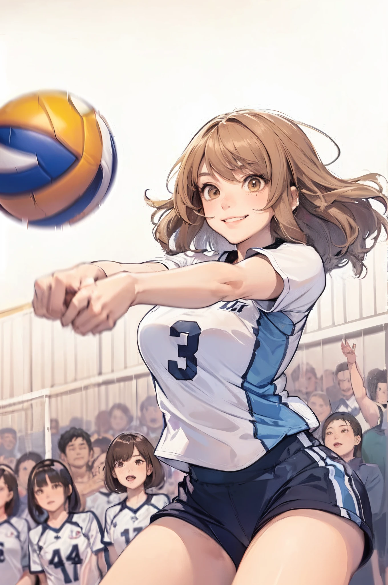 1lady solo, /(volleyball uniform/), dynamic posing, /(light brown hair/) bangs, (light smile smirk, facing away), (masterpiece best quality:1.2) delicate illustration ultra-detailed, large breasts BREAK /(volleyball court indoors/)