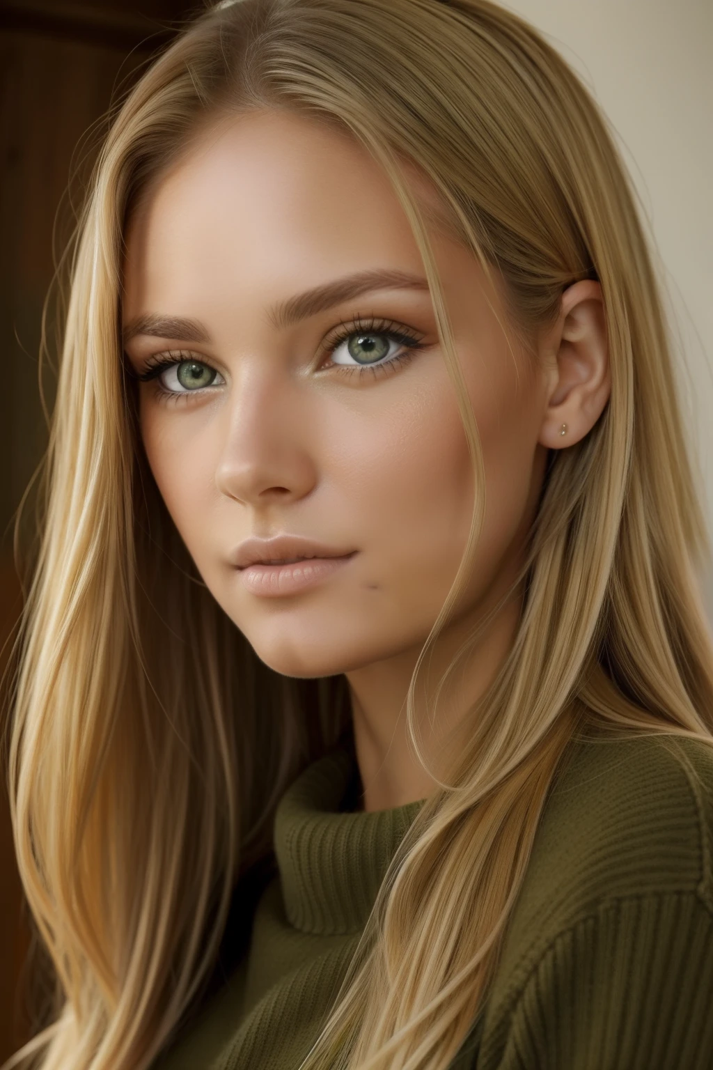 A close-up of a woman with long hair and a sweater, peau olive impeccable, Beau visage latin, beau visage attrayant, Beau visage attrayant, attractive female face!!!, Visage et yeux parfaits, extremely beautiful face, Beaux yeux et visage, beautiful feminine face, yeux vert clair, honey - colored eyes, Attractive eyes and face, yeux vert clair, Beaux yeux verts, Cheveux blonds, cheveux blond platine