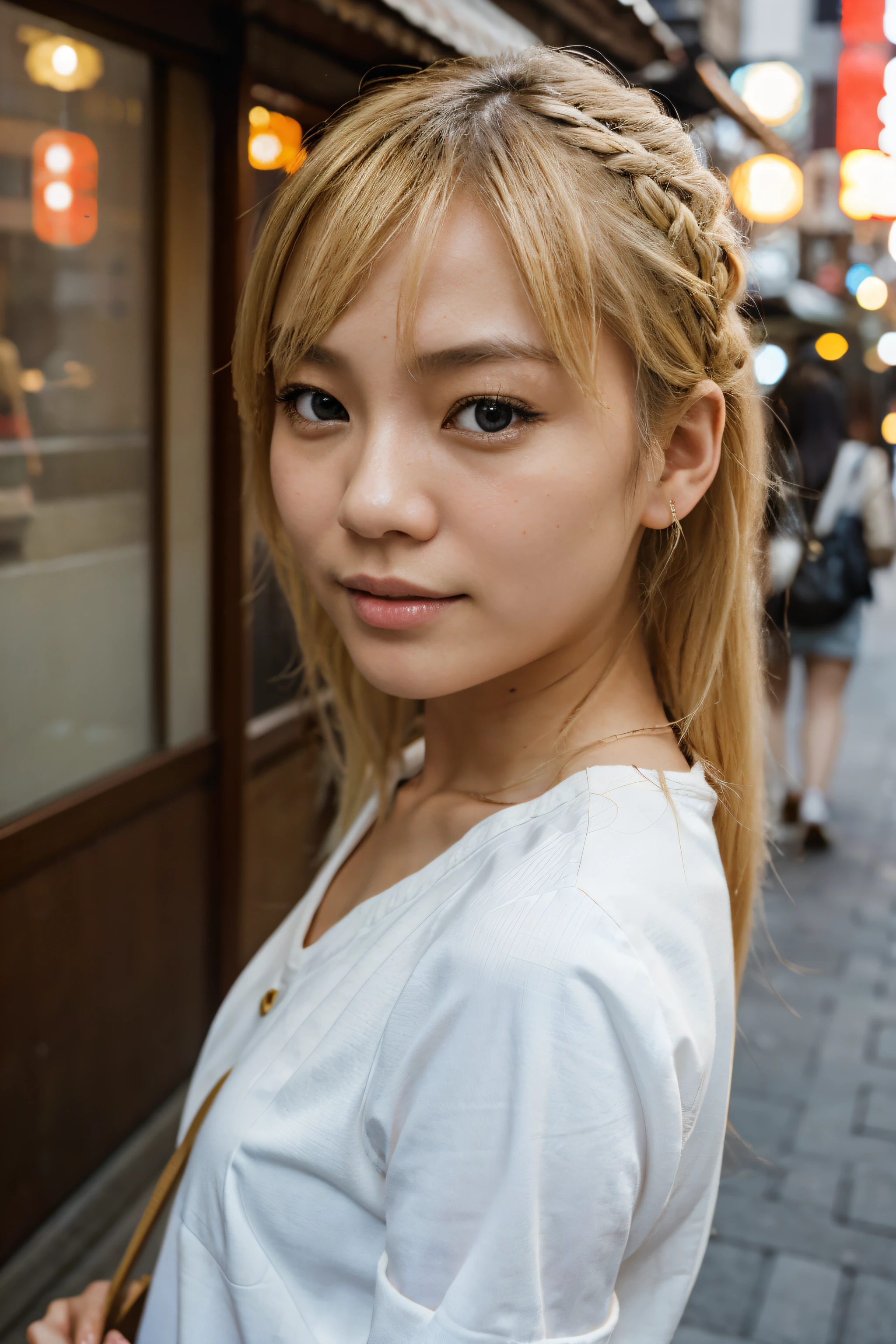 Portrait of a blonde Asian girl in Tokyo. glatt und leicht und hell