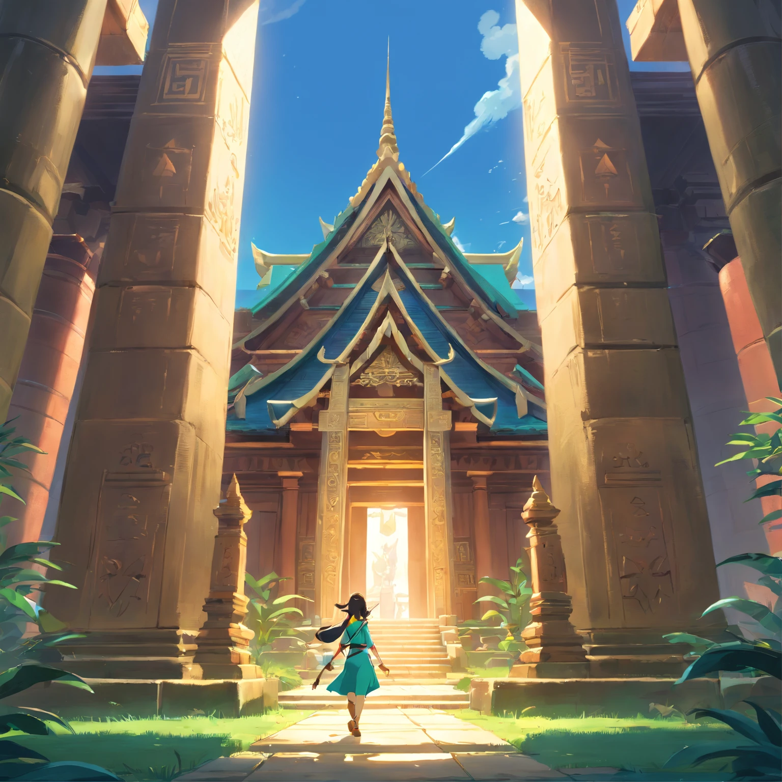 Concept art for Zelda adventure game based on ancient Thailand with Thai temples and mythical animals, enigmatic, intricate details, ultra realistic