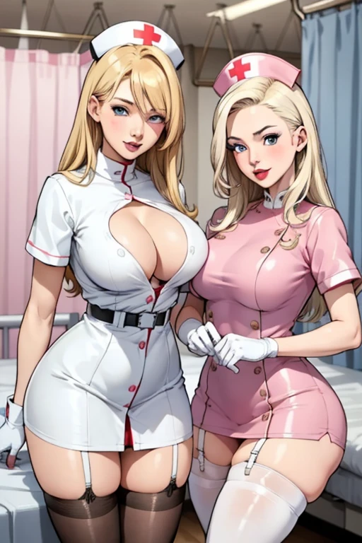 2girls in, nurse , tight nurse uniform, Nurse Cap, Whiteware, (( black legwear, zettai ryouiki)), White Gloves, Blonde hair, Blue eyes, pink lipsticks, Smile, Standing, sharp outline, Short sleeves, Best Quality, masterpiece, infirmary,