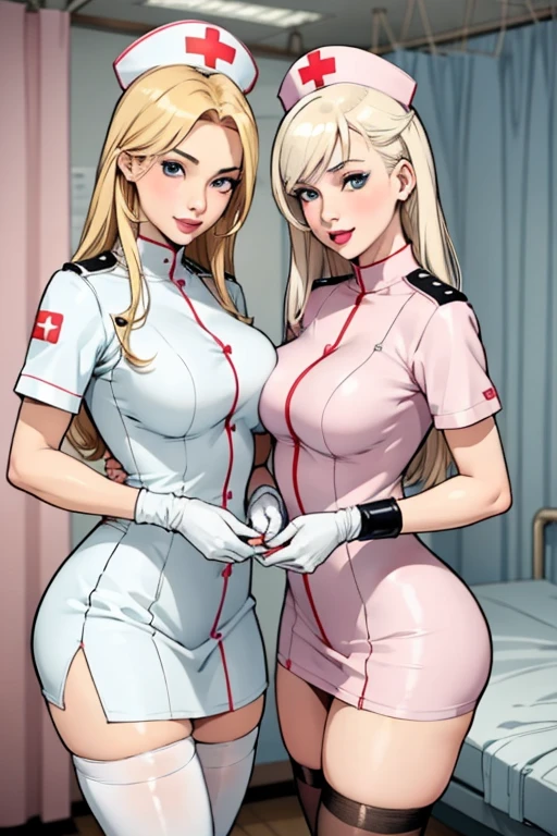 2girls in, nurse , tight nurse uniform, Nurse Cap, Whiteware, (( black legwear, zettai ryouiki)), White Gloves, Blonde hair, Blue eyes, pink lipsticks, Smile, Standing, sharp outline, Short sleeves, Best Quality, masterpiece, infirmary,