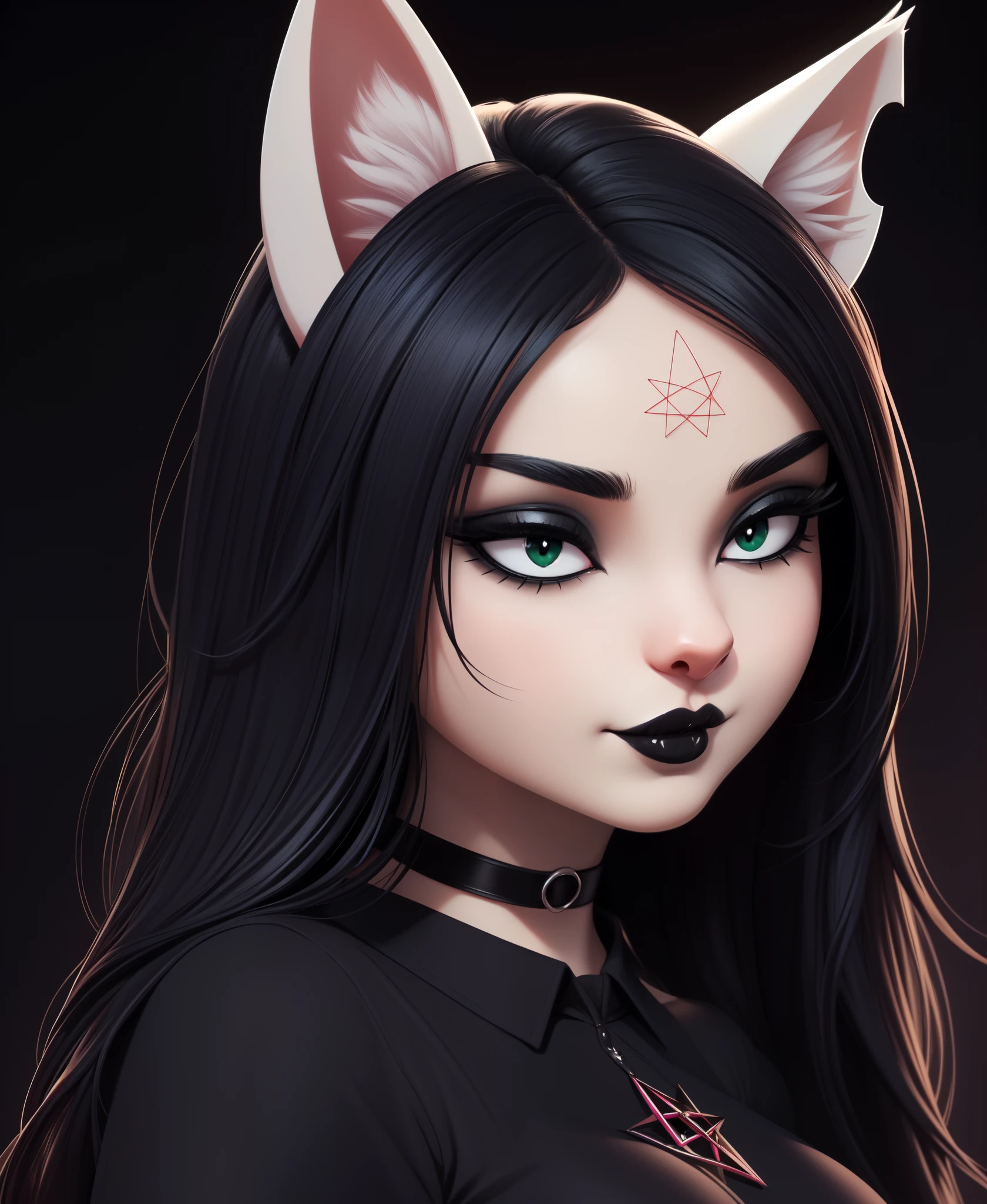 ((ultra quality)), ((tmasterpiece)), beautiful young girl - Clarie, Small stature, witchy, furry cat, ((Green, Very long)), ((there are only cat ears)), ((there is a cat&#39;s tail in the back)), (Beautiful cute face), (pentagram on the forehead), (black make-up, black lipstick), (beautiful female lips), Charming, (beautiful cat nose), ((seductive expression)), looks at the camera with a gentle smile, eyes are slightly closed, ((Skin color: white)), (there is cat hair on the body), Body glare, ((detailed beautiful female eyes)), ((kblack eyes)), (juicy female lips), (beautiful female hands), ((perfect female figure)), perfect female body, Beautiful waist, black claws, gorgeous big thighs, beautiful breasts, ((Subtle and beautiful)), seductively worth it (close-up of the face), (wearing a black dress with short sleeves, White collar, black stockings, chocker on neck) background: dark forest, Mysticism, ((Depth of field)), ((high quality clear image)), (crisp details), ((higly detailed)), Realistic, Professional Photo Session, ((Clear Focus)), the anime, SFW