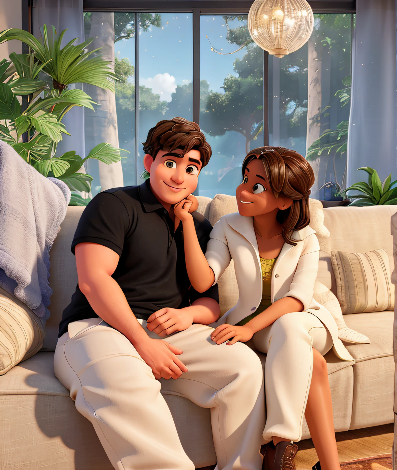 Disney style poster of two people sitting on a smoky white couch in a living room.La persona de la izquierda es un hombre de piel blanca que viste una camisa negra y unos pantalones beige.... Tiene el cabello corto y oscuro y una pierna... . He is smiling and looking at the camera.La persona de la derecha es una mujer de piel canela que viste un vestido negro cubierto por un chaleco largo color crema y unas botas negras.... Tiene mucho tiempo, brown hair.He is smiling and holding the man...'s cara con su mano izquierda. The background of the image consists of a large window and decorative plants behind the furniture.