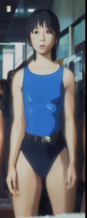 Yukie Suzuki, idol, 80’s, black hair, Asian eyes, nose, focused, blue and black leotard, belt, breasts, footwear, wallpaper, standing, cameltoe view, pussy lips