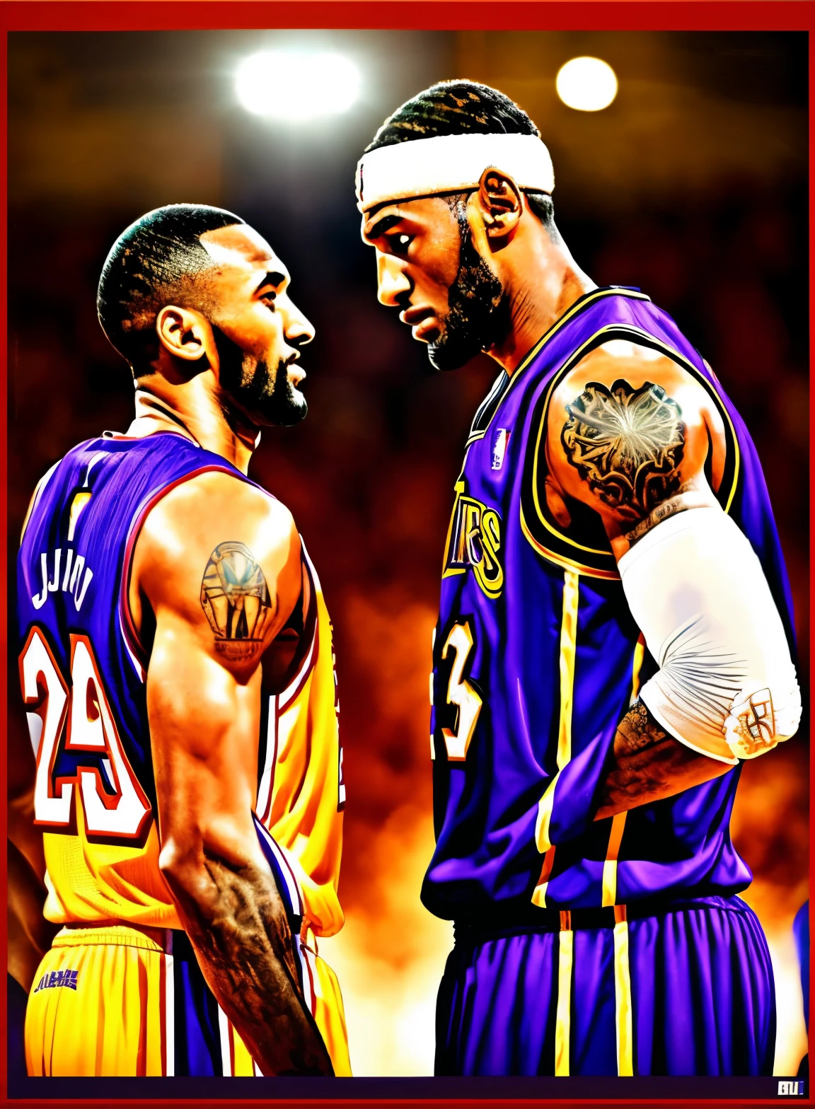 wallpaper of kobe bryant with lebron james, both of them in deep conversation. make it look shadowy and mesmerizing --auto --s2