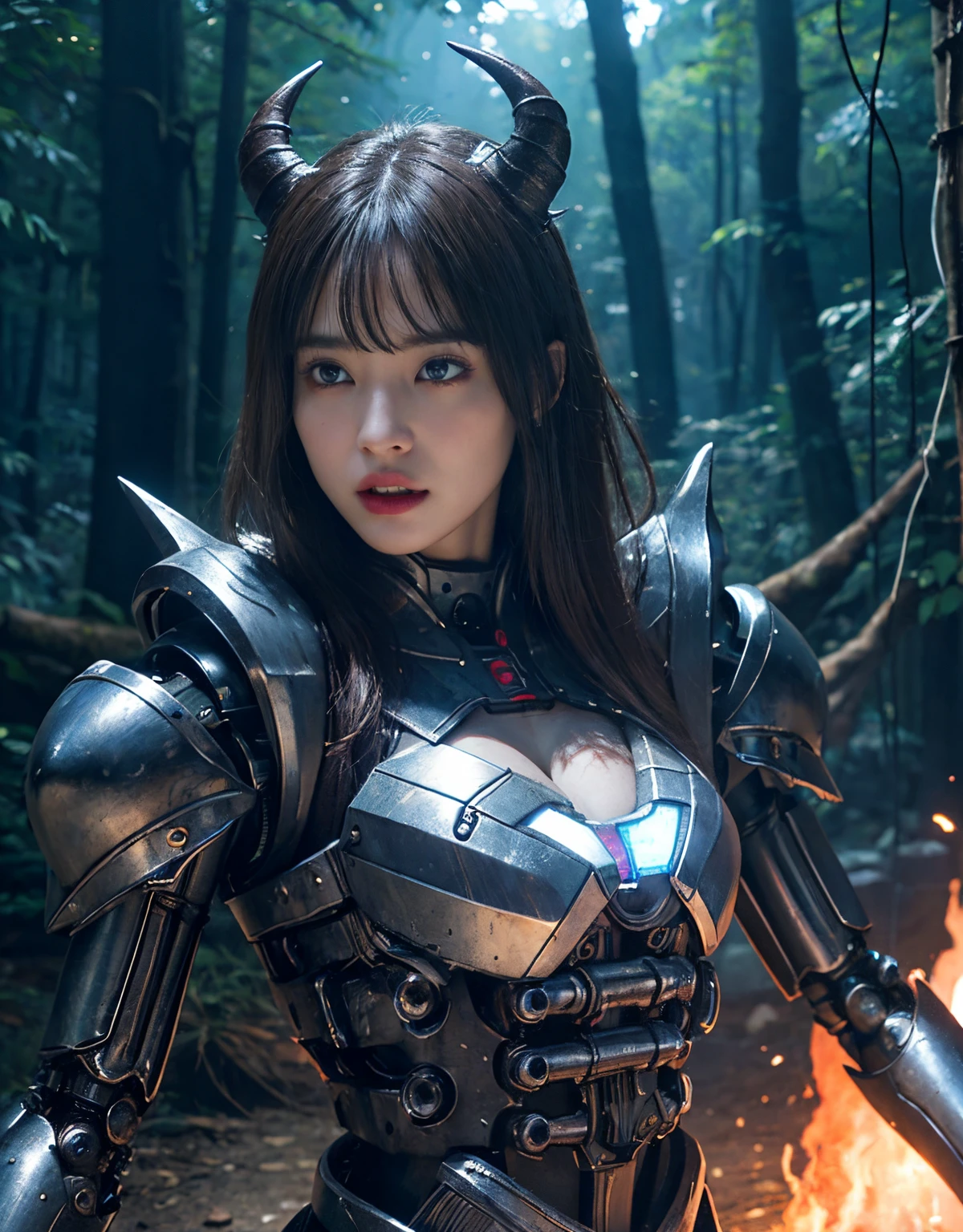 (1 Mechanical Girl)、top-quality、masterpiece、超A high resolution、(Photorealsitic:1.4)、Raw photo、1人、Fight mutants、glowy skin、(((1 Mechanical Girl)))、(Red Metal Bodysuit)、(Fight goblings、ogre、Fierce battle with orcs),(Fight fiercely against aliens)、Fight fiercely、(beautiful forest background)、(Fighting Demonic Beasts)、(Small LED)、((super realistic details))、portlate、(Strong giant demon beast background),globalillumination、Shadow、octan render、8K、ultrasharp、Colossal tits、Raw skin is exposed in cleavage、red metal、Details of complex ornaments、Japan details、highly intricate detail、Realistic light、(Mystical expression),CGSoation Trends、Blue eyes、radiant eyes、Facing the camera、neon details、(Mechanical limbs)、(blood vessels connected to tubes)、(Wires and cables connecting to the head)、Small LED、,Mechanical thighs、Toostock、(Hands are also made of machines)、(Attack of the Monster Beasts)、
