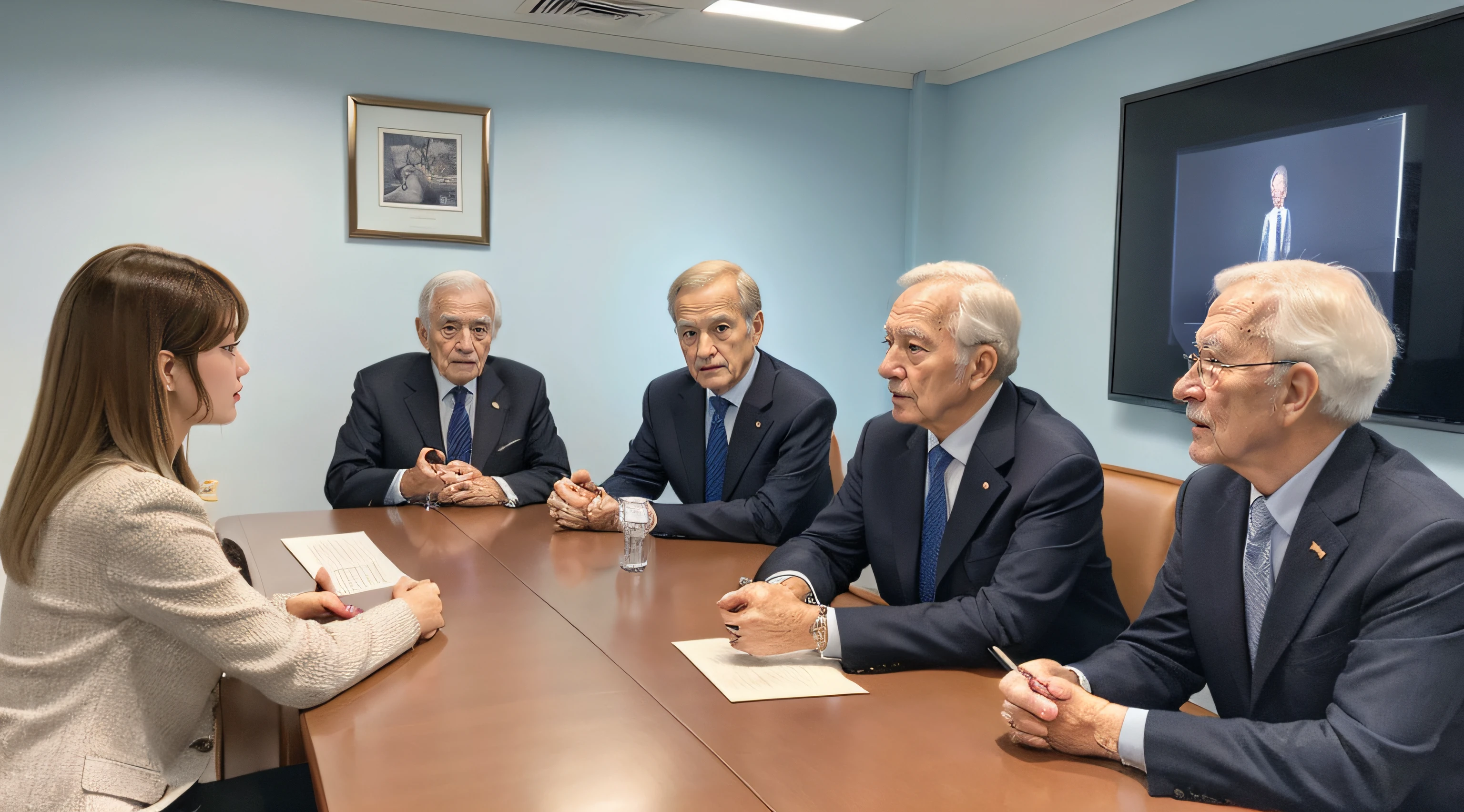 Jehovah's Witnesses、meeting room、Elderly Man、Suits、Marco、Questioning、high-level image quality、high-detail