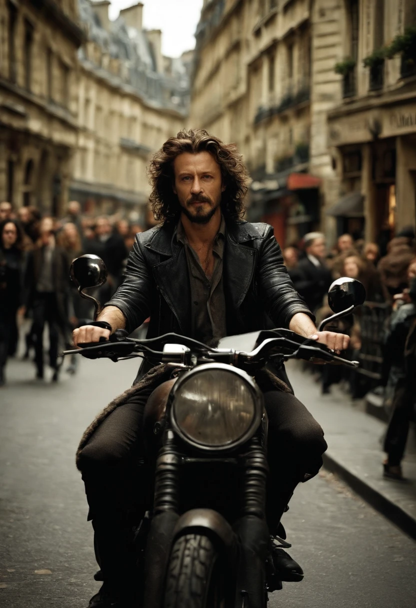 A video of Sirius riding a motorcycle through the streets of Paris, weaving through traffic,Harry Potter and the Prisoner of Azkaban,Sirius Black is tall, with shaggy curly brown hair, has a goatee. Has tattoos over his body. Famously portrayed by Gary Oldman, male