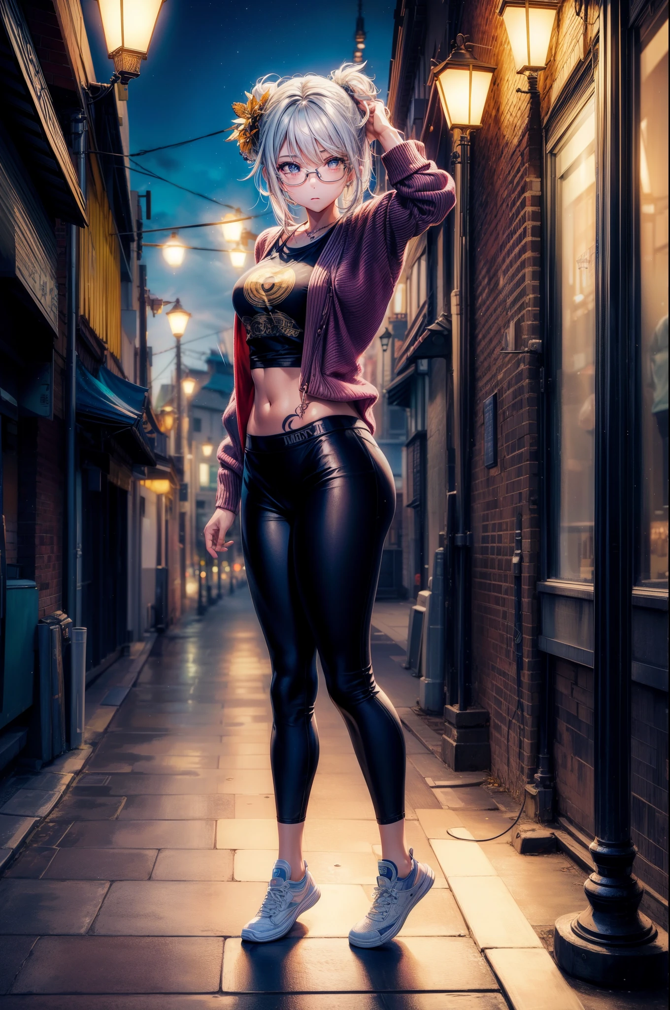 Best quality, tmasterpiece, 电影灯光, iintricate, Movie detailed realistic background, Detailed faces, Full body lesbian, smallunderboob, actual, 清晰的线条, , , 1 Girl jogging, looking over city, natta, tiedshirt, looking at viewert, Tattoos are, model poses, cardigan shirt, There are yellow circles under the eyes, the street lights, lamp post, Yoga pants, split color hair, eye glass,, ,