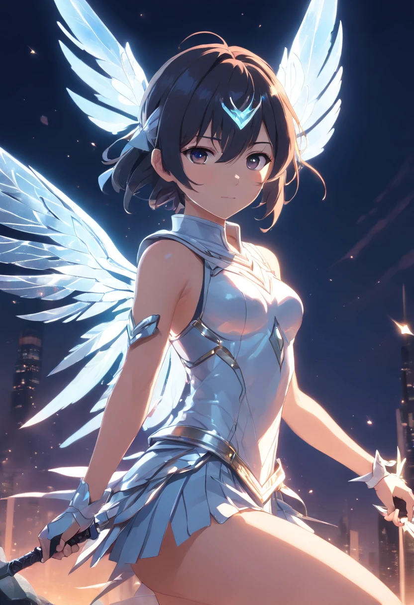 A blindfolded person、With silver crystal wings、Female fairy wearing sparkling white armor，Wielding a luminous spear that exudes darkness and a solid shield formed from the hardest rock，A negative and scary atmosphere emanates from the surroundings。