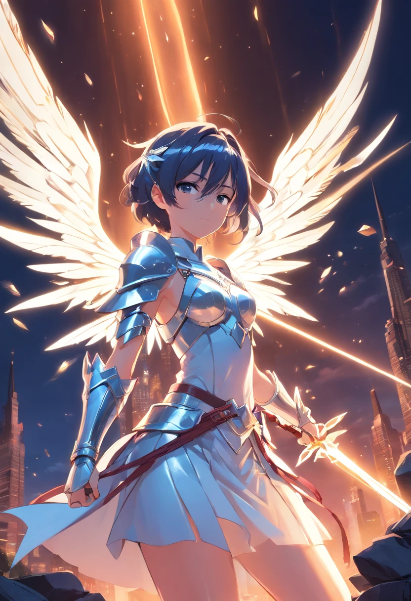 A blindfolded person、With silver crystal wings、Female fairy wearing sparkling white armor，Wielding a luminous spear that exudes darkness and a solid shield formed from the hardest rock，A negative and scary atmosphere emanates from the surroundings。