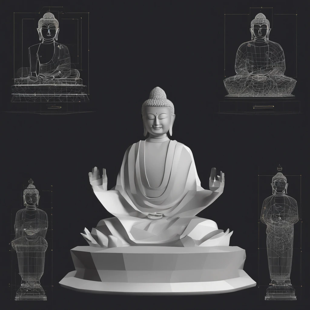 Minimal Buddha statue, realistic, intricate detail, perfect proportion, peaceful, aura, glow, 8k, uptra hdr, black background, warm spotlight