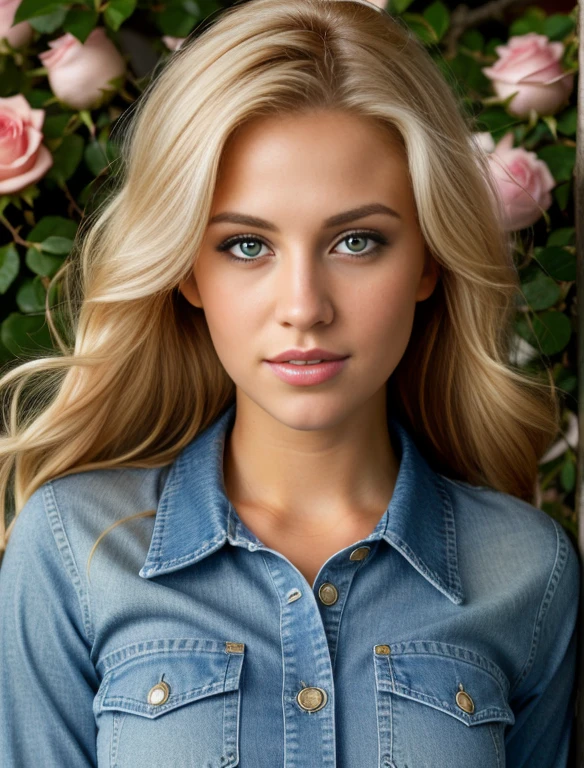 (best quality,highres:1.2),(realistic,full body shot,photo-realistic:1.37),sailor Moon (flaxen blonde hair),blue jean outfit,beautiful detailed eyes,beautiful detailed lips,roses,love symbolism