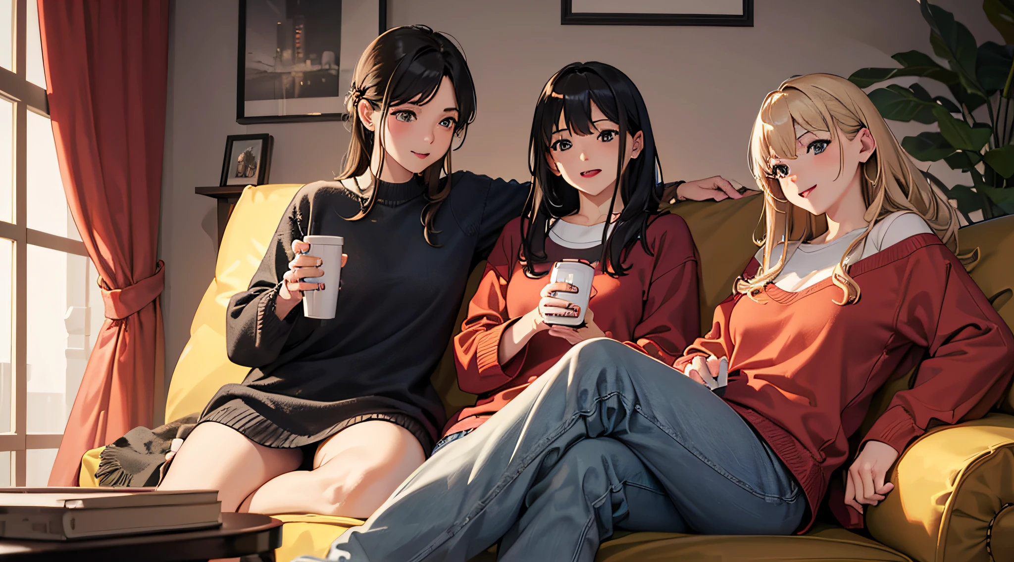 (best quality, 4k, highres, masterpiece:1.2), ultra-detailed, realistic:1.37, 3 friends sitting on a couch, blanket wrapped around, cozy atmosphere, joyful expressions, warm lighting, comfortable position, soft fabric, vivid colors, happy memories, laughter, friendship bond, relaxed mood, casual clothing, modern interior design, couch