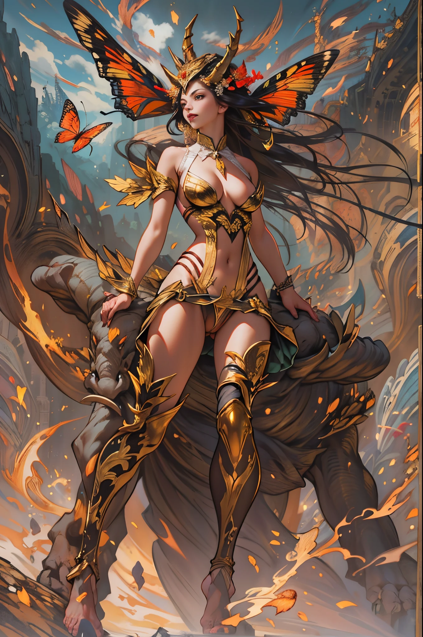 (tmasterpiece,top-quality,Best quality at best,offcial art,Beautiful and beautiful:1.2),A scene from a battle where a giant horned red butterfly fights against the goddess of war.,She is a great giant,she is a lovely princess,she is a strong warrior,butterflys,lightning in sky,magma,At the foot of the mountain,mountain in the distance,(theelementoffire:1.4),real butterfly,Highly realistic,Correct anatomy,fully body photo,convex,Cute big breasts,revealing breasts,legs separated,plum,unsatisfied desire,Bare genitals, Camel toes,Sexy gesture,climaxing,sex huge breasts cleavage, Barefoot,Sexy gesture,fist to flesh,(tangled,datura,Tangles,entangled)(Long hair、grow meat,simple ,),Married woman,熟妇,delicated face,Beautiful detailed eyes,Correct anatomy,Detailed faces, 詳細な目,divinelight,gold foil,Gold leaf art,Deep background,Huang Li,marvelous and unbelievable,Epic work,(Complicated details,hyper-detailing:1.2),ultra real photo, Epic reality, ((com cores neutras)),(pastel colour:1.2), hyper realisitc, + Cinema lenses + dynamic combination, The content is very detailed, Sharpen, Cinematic, illuminate warmly, Light effect, Dramatic light, (Complicated details:1.1), the complex background, (greg rutkovsky:0.8), (black and red:0.4),