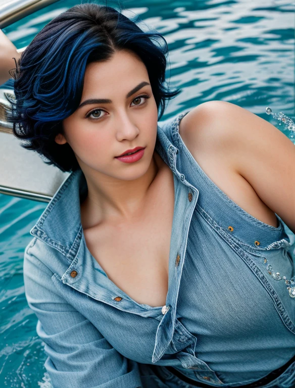 (highres:1.2), realistic sailor Mercury, blue jean outfit, beautiful detailed eyes, beautiful detailed lips, mercury background, bubbles