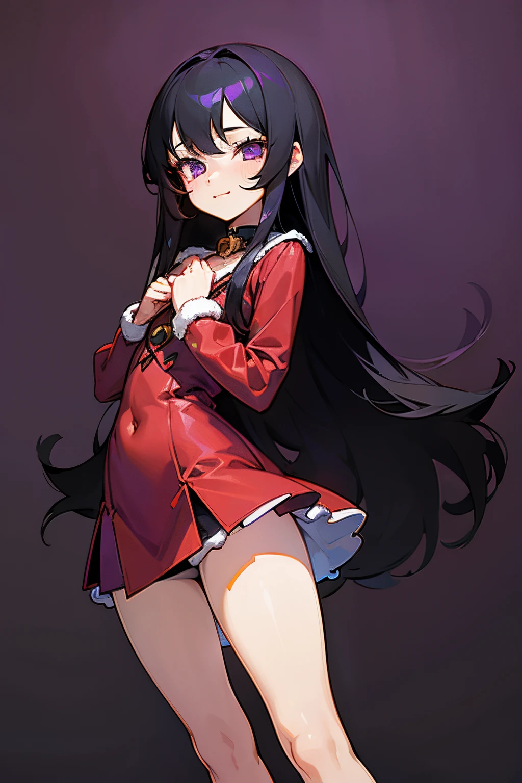 1girl, long black hair, purple eyes, christmas outfit, happy, flat chest, christmas background, thighs, loli