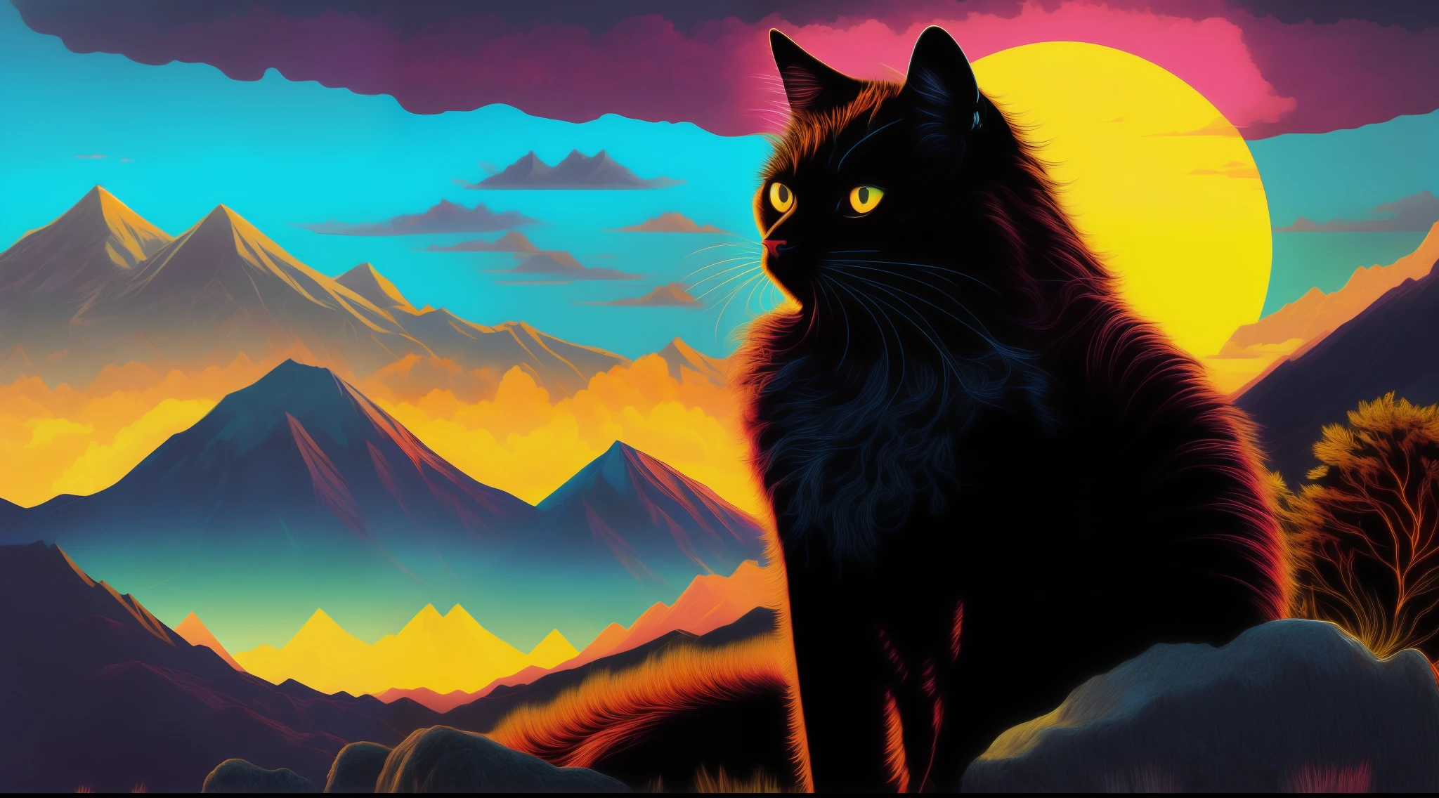 Vector, Inspiring massage, An ideal drawing that is as detailed as possible, Sinthoev, bright colours, Detailed, Black cat looking side on mountain, sunshine