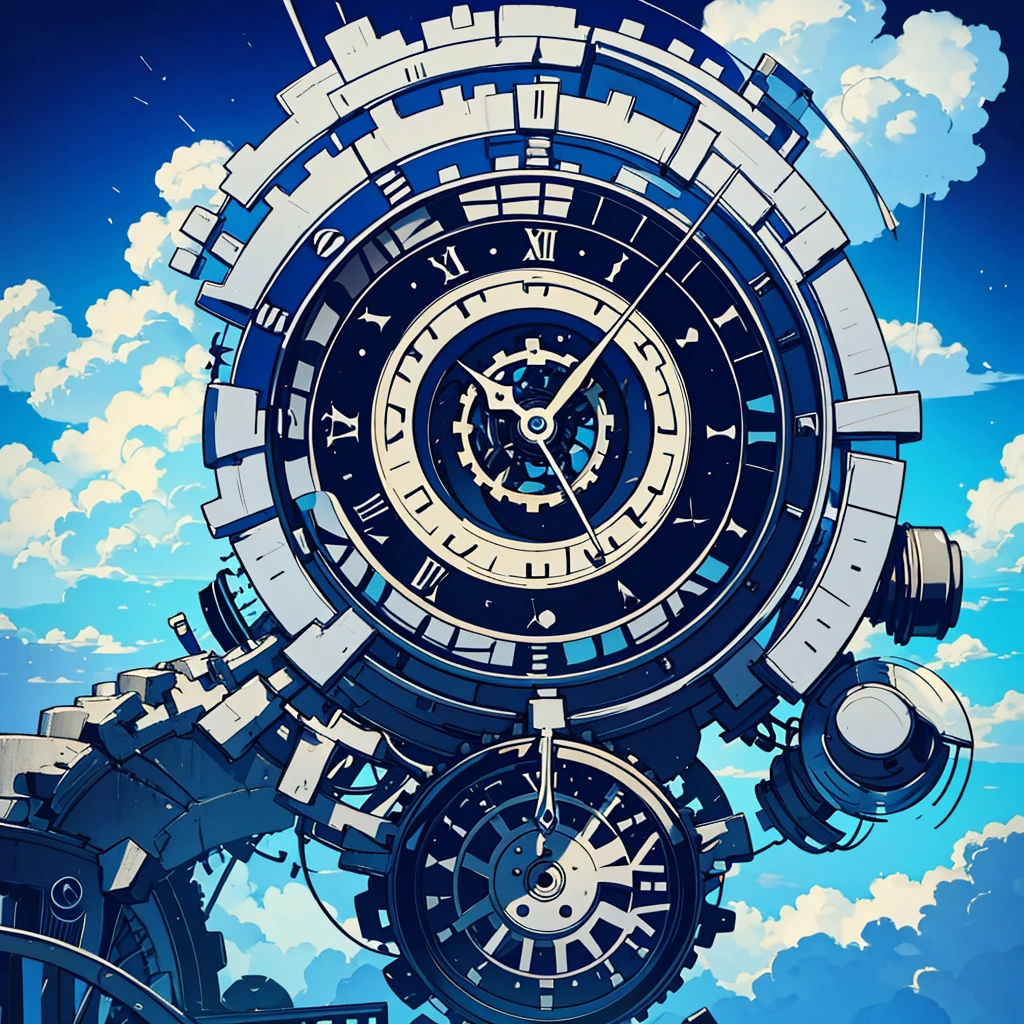 absurdres, best quality, fine detailed, 8k, no humans, blue sky, white cloud, Many huge colorful clocks and gears floating in the sky, a huge clock decorated with silver crystal texture, white gears of various sizes, elaborately constructed altar, clock-themed ornament, silver chain, steampunk, ray tracing, refraction, cinematic lighting, fisheye lens, tyndall effect