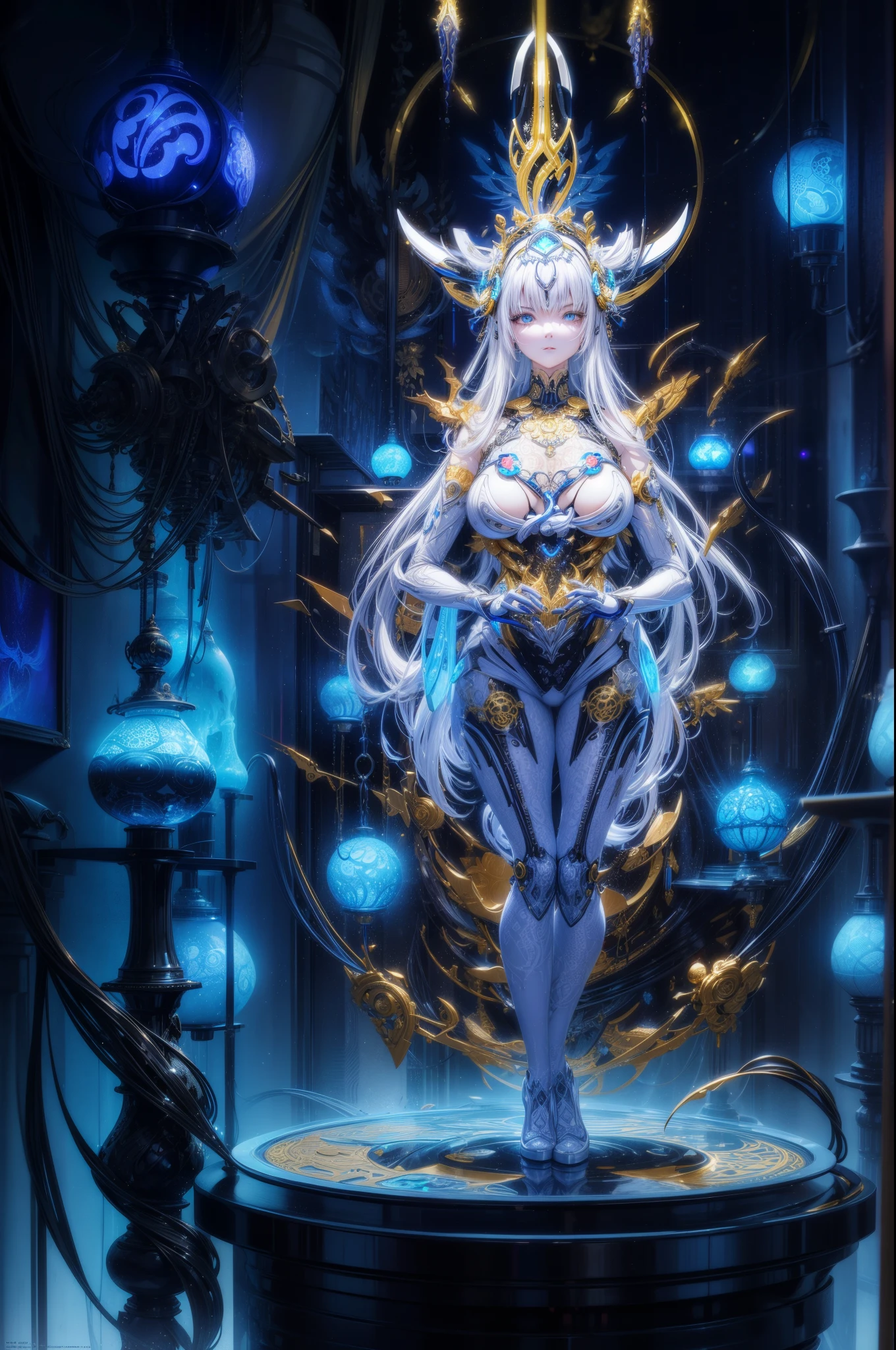 Photos of Japanese female robots in their 20s,Made of white and silver clear glass and plastic, geisha makeup, Black hairstyle, Silver and gold metallic interior, dynamicposes, flowing organic structure, Meticulous carving, Lace design, Glowing gold circuit, Colorful neon lights decoration, Meticulous carving, Lace design, glowing circuitry, neon trim, H'artistically.r. Giger, Greg Rutowski