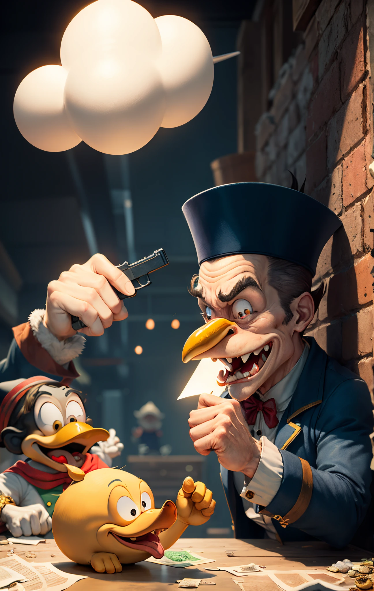 Popeye pointing a gun at scrooge mcduck