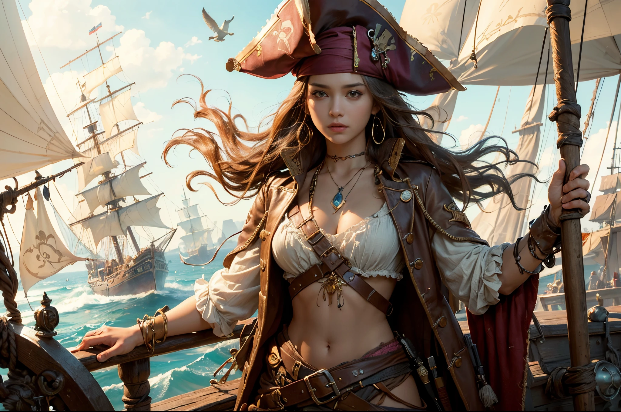 Generate a detailed and creative description of a female version of Jack Sparrow with large breast. Envision her appearance, clothing, and accessories with a unique and captivating twist while maintaining the essence of Jack Sparrow from 'Pirates of the Caribbean.' Emphasize her personality traits and any distinctive features that set her apart, beautifull face, pretty face, masterpiece, best quality:1.2),(8k,highres,RAW photo,realistic,photo-realistic:1.3),(detailed skin texture,detailed cloth texture,beautiful detailed face:1.25),professional lighting,photon mapping,beautiful soft light,radiosity,physically-based rendering,model shoot style, model shoot style, (extremely detailed CG unity 8k wallpaper), full shot body photo of the most beautiful artwork in the world, complex 3d render ultra detailed, looking at viewer, 18 yo, wet hair, real human skin, vibrant details, hyperrealistic, beautiful, octane render, 8k, best quality, masterpiece, an extremely delicate and beautiful, extremely detailed ,CG ,unity ,wallpaper, (realistic, photo-realistic:1.37),Amazing, finely detail, masterpiece,best quality,official art, extremely detailed CG unity 8k wallpaper ,extreme detailed eyes, (perfect face), shiny skin, colorful, highest detailed, vibrant colors, ultra high res, (high contrast), intricate, lens flare,