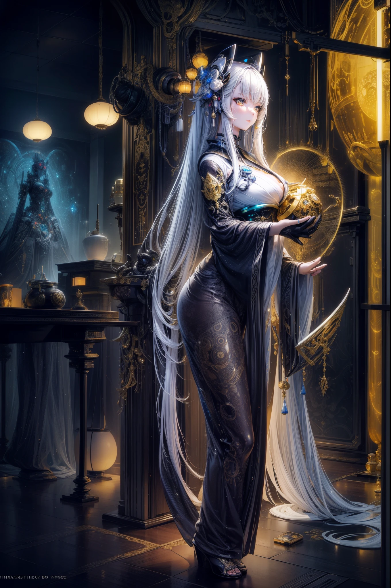 Photos of Japanese female robots in their 20s,Made of white and silver clear glass and plastic, geisha makeup, Black hairstyle, Silver and gold metallic interior, dynamicposes, flowing organic structure, Meticulous carving, Lace design, Glowing gold circuit, Colorful neon lights decoration, Meticulous carving, Lace design, glowing circuitry, neon trim, H'artistically.r. Giger, Greg Rutowski