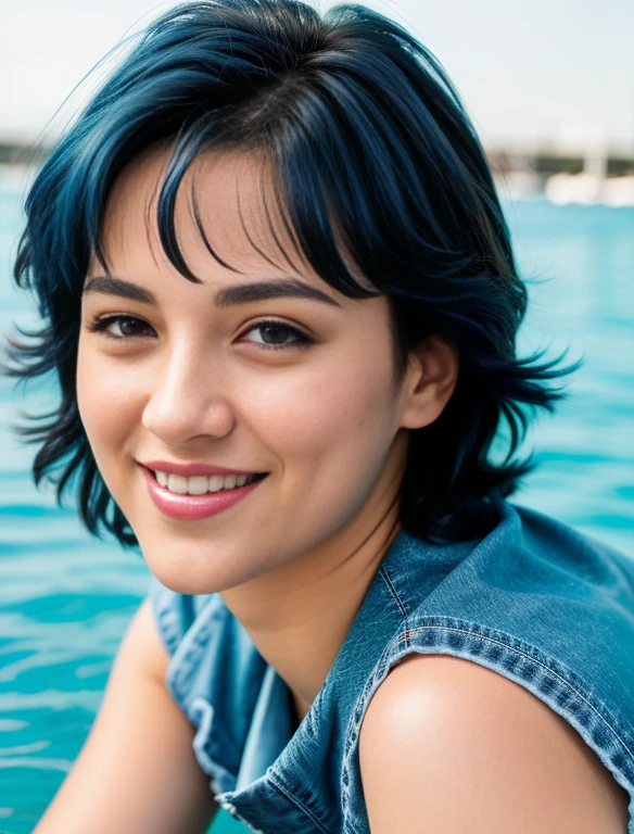 (highres:1.2), realistic sailor Mercury, smiling,blue jean outfit, beautiful detailed eyes, beautiful detailed lips, mercury background, bubbles