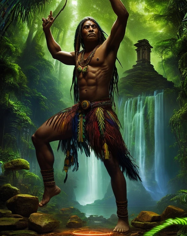 Alex Horley style art, full body, 1 indigenous Brazilian using psychic ability, concentrated cereno, fingers on temples, glowing eyes, transcendental psychedelic, Amazon rainforest scene, 4k image.