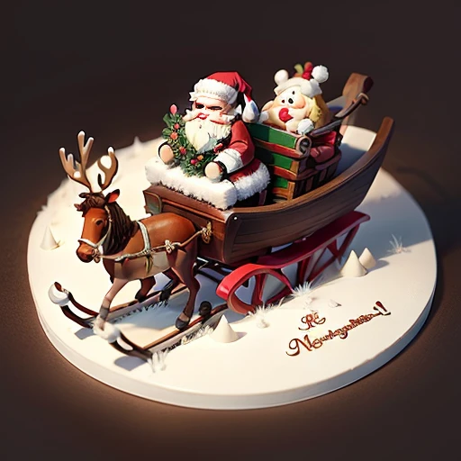 Santa Claus riding a reindeer pulling a sleigh over a cake、Christmas cake,Scoop、illustratio