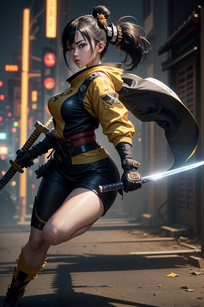 1 girl, Full body, wearing a yellow bodysuit, (samurai sword in hands), gloves, tactical, black hair, high resolution, sharp image, from the back,
((Best quality)), ((masterpiece)), highly detailed, Depth-of-field, Multi-layered textures,(Hyperrealistic), HDR (High Dynamic Range), Ray Tracing, NVIDIA RTX, Unreal 5, Subsurface scattering, PBR Texturing, Post-processing,
Anisotropic Filtering, Maximum clarity and sharpness, Wide aperture, Low ISO, White balance, Rule of thirds, 8K RAW, ((extremely slutty)), Night city in the background, Ultra HD, dramatic