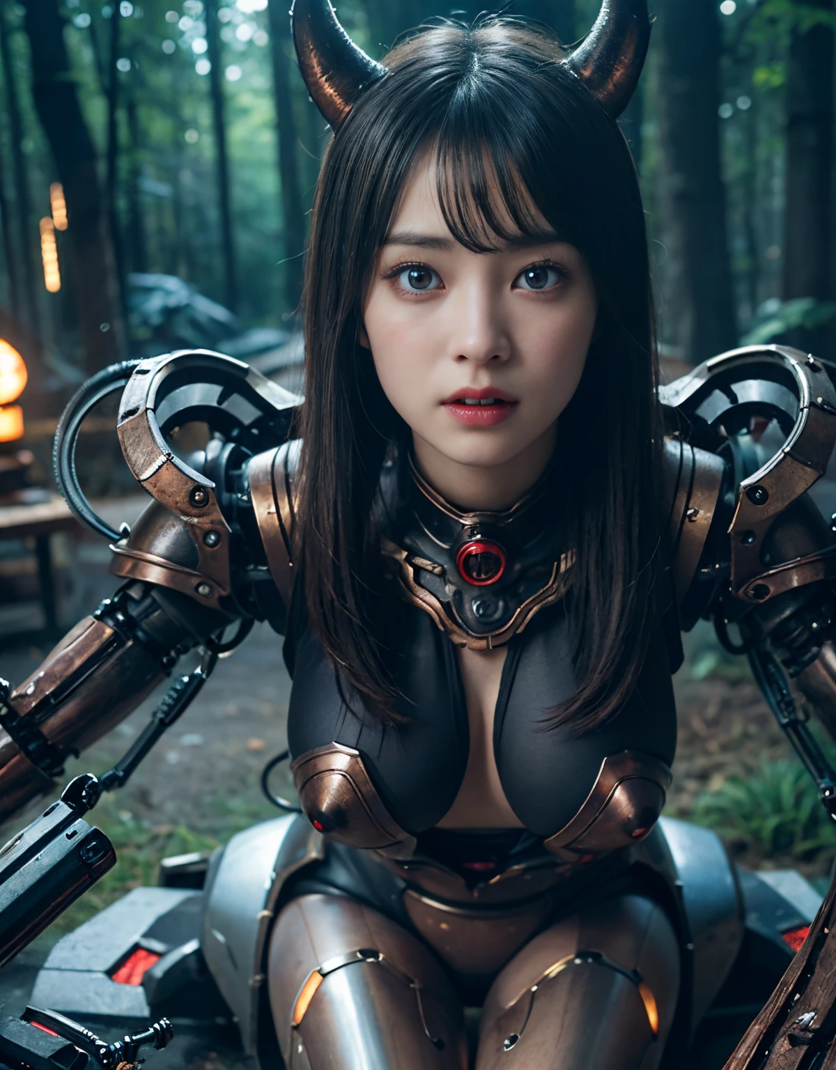 (1 Mechanical Girl)、top-quality、masterpiece、超A high resolution、(Photorealsitic:1.4)、Raw photo、1人、Fight mutants、glowy skin、(((1 Mechanical Girl)))、(Red Metal Bodysuit)、(Fight goblings、ogre、Fierce battle with orcs),(Fight fiercely against aliens)、Fight fiercely、(beautiful forest background)、(Fighting Demonic Beasts)、(Small LED)、((super realistic details))、portlate、(Strong giant demon beast background),globalillumination、Shadow、octan render、8K、ultrasharp、Colossal tits、Raw skin is exposed in cleavage、red metal、Details of complex ornaments、Japan details、highly intricate detail、Realistic light、(Mystical expression),CGSoation Trends、Blue eyes、radiant eyes、Facing the camera、neon details、(Mechanical limbs)、(blood vessels connected to tubes)、(Wires and cables connecting to the head)、Small LED、,Mechanical thighs、Toostock、(Hands are also made of machines)、(Attack of the Monster Beasts)、