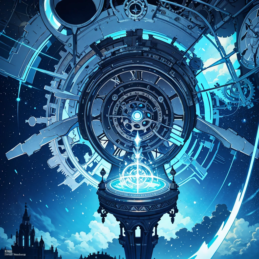 absurdres, best quality, fine detailed, 8k, no humans, blue sky, white cloud, Many huge colorful clocks and gears floating in the sky, a huge clock decorated with silver crystal texture, white gears of various sizes, elaborately constructed altar, clock-themed ornament, silver chain, steampunk, ray tracing, refraction, cinematic lighting, fisheye lens, tyndall effect