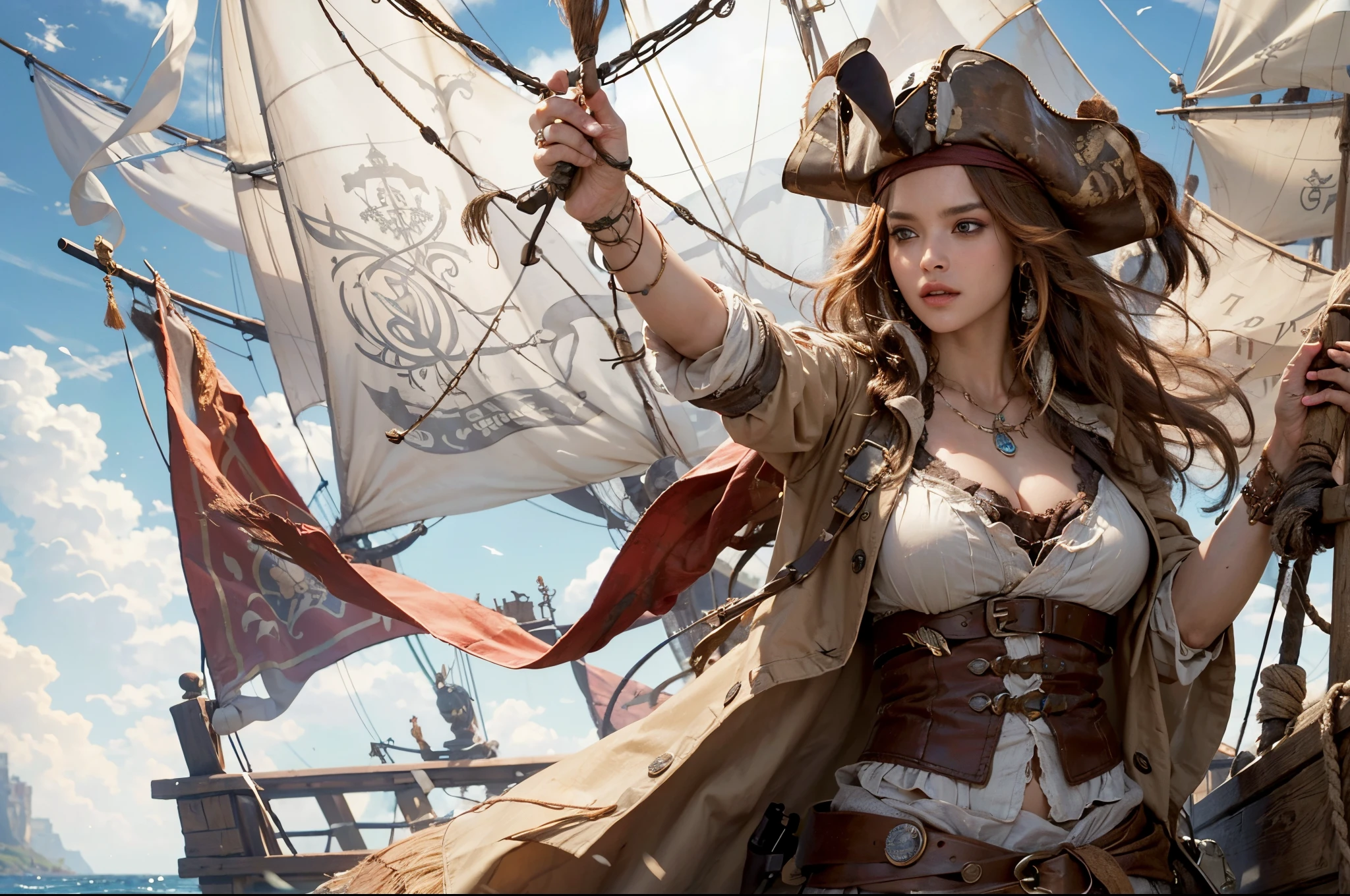 Generate a detailed and creative description of a female version of Jack Sparrow with large breast. Envision her appearance, clothing, and accessories with a unique and captivating twist while maintaining the essence of Jack Sparrow from 'Pirates of the Caribbean.' Emphasize her personality traits and any distinctive features that set her apart, beautifull face, pretty face, masterpiece, best quality:1.2),(8k,highres,RAW photo,realistic,photo-realistic:1.3),(detailed skin texture,detailed cloth texture,beautiful detailed face:1.25),professional lighting,photon mapping,beautiful soft light,radiosity,physically-based rendering,model shoot style, model shoot style, (extremely detailed CG unity 8k wallpaper), full shot body photo of the most beautiful artwork in the world, complex 3d render ultra detailed, looking at viewer, 18 yo, wet hair, real human skin, vibrant details, hyperrealistic, beautiful, octane render, 8k, best quality, masterpiece, an extremely delicate and beautiful, extremely detailed ,CG ,unity ,wallpaper, (realistic, photo-realistic:1.37),Amazing, finely detail, masterpiece,best quality,official art, extremely detailed CG unity 8k wallpaper ,extreme detailed eyes, (perfect face), shiny skin, colorful, highest detailed, vibrant colors, ultra high res, (high contrast), intricate, lens flare,