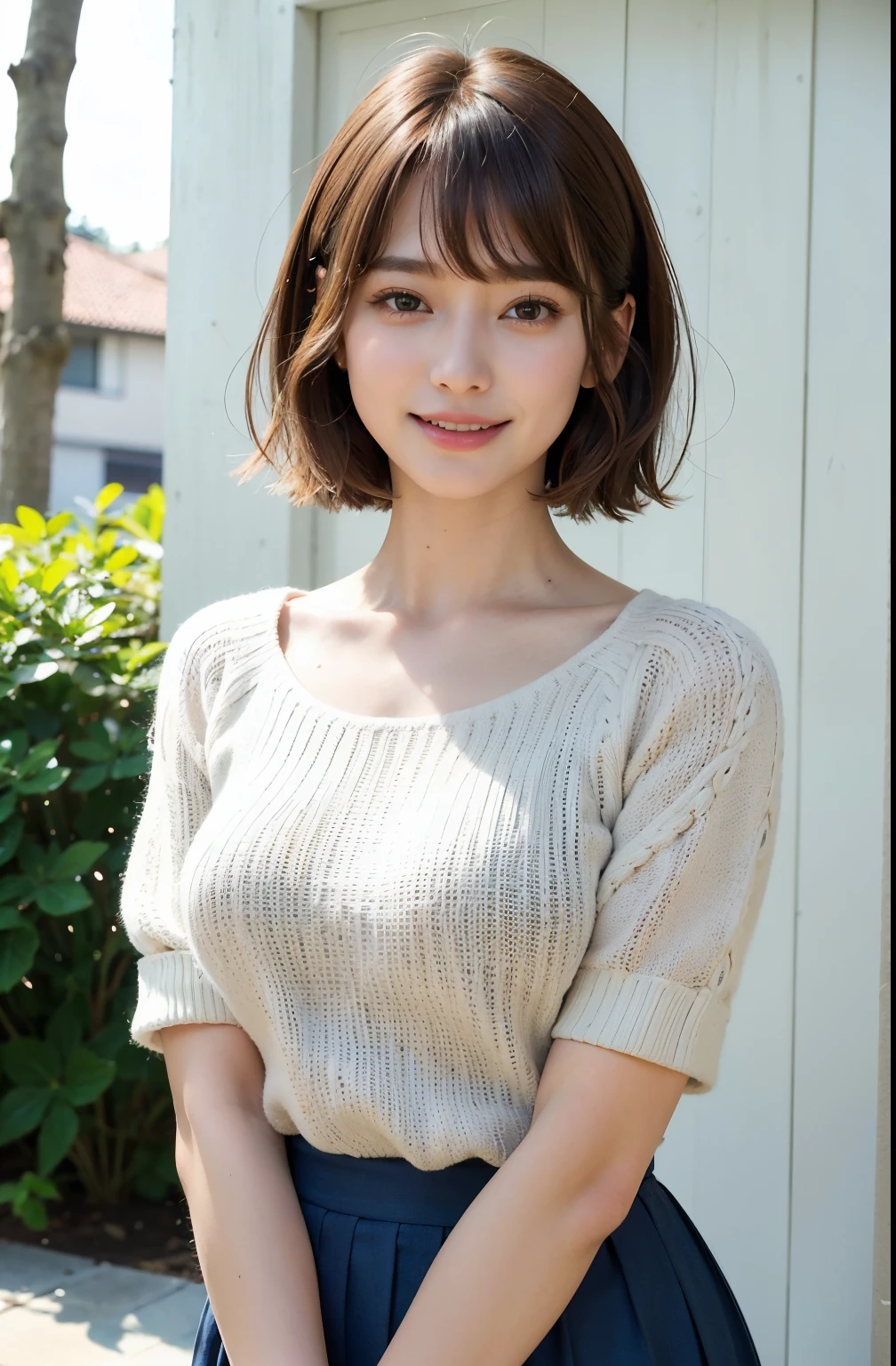 (Raw photo, Best Quality), (Realistic, Photorealsitic:1.3), masutepiece, Extremely delicate and beautiful, Soft light, (Brown hair, Short hair swaying in the wind, Bangs), Beautiful detailed girl, (Detailed fingers), extremely detailed eye and face, beautiful detailed nose, Beautiful detailed eyes, 1 girl, Japanese, Neat and clean beauty, Cute, 年轻, Smile, Sweaters, Skirt, (Half body:1.3), (medium breasts), Realistic face, Realistic body, Outdoors、A big smile