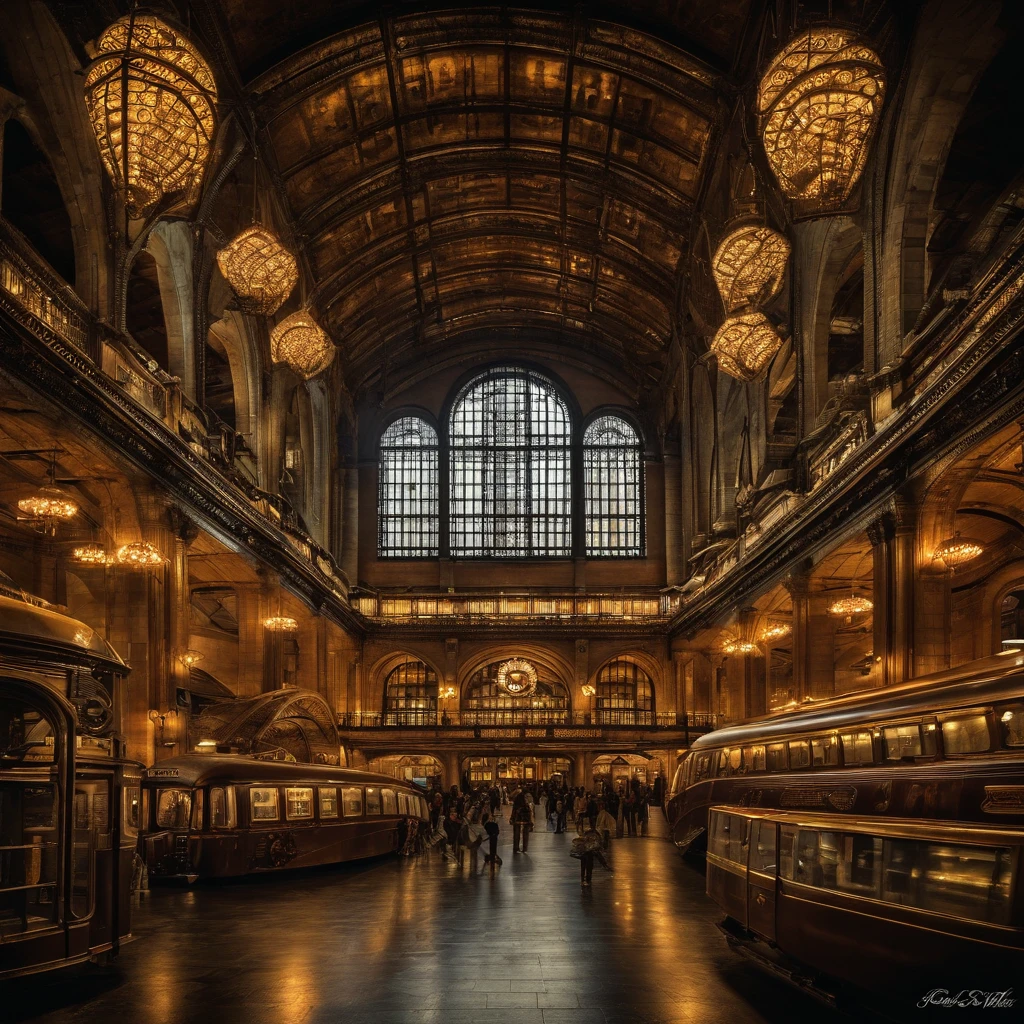 Bangkok Grand Central train station at night in futuristic steampunk style, realistic, intricate detail, perfect proportion, peaceful, aura, glow, 8k, ultra hdr,dark background, warm spotlight, wide angle view from above