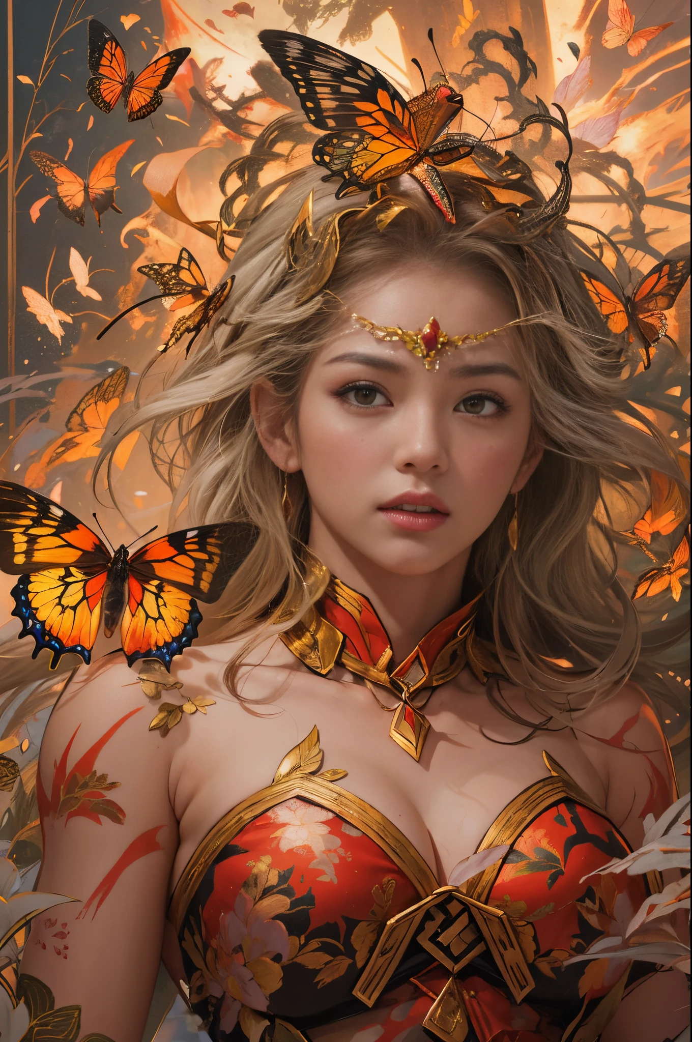 （tmasterpiece，top-quality，Best quality at best，offcial art，Beautiful and beautiful：1.2），A scene from a battle where a giant horned red butterfly fights against the goddess of war.，She is a great giant，she is a lovely princess，she is a strong warrior，butterflys，lightning in sky，magma，At the foot of the mountain，mountain in the distance，(theelementoffire:1.4)，real butterfly，Highly realistic，Correct ，fully body photo，convex，Cute big breasts，revealing breasts，legs separated，plum，unsatisfied desire， ， Camel toes，Sexy gesture，， huge breasts cleavage， Barefoot，Sexy gesture，fist to flesh，（tangled，datura，Tangles，entangled）（Long hair、grow meat，simple ，），Married woman，熟妇，delicated face，Beautiful detailed eyes，Correct ，Detailed faces, 詳細な目，divinelight，gold foil，Gold leaf art，Deep background，Huang Li，marvelous and unbelievable，Epic work，(Complicated details，hyper-detailing:1.2)，ultra real photo, Epic reality, ((com cores neutras)),(pastel colour:1.2), hyper realisitc, + Cinema lenses + dynamic combination, The content is very detailed, Sharpen, Cinematic, illuminate warmly, Light effect, Dramatic light, (Complicated details:1.1), the complex background, (greg rutkovsky:0.8), (black and red:0.4），
