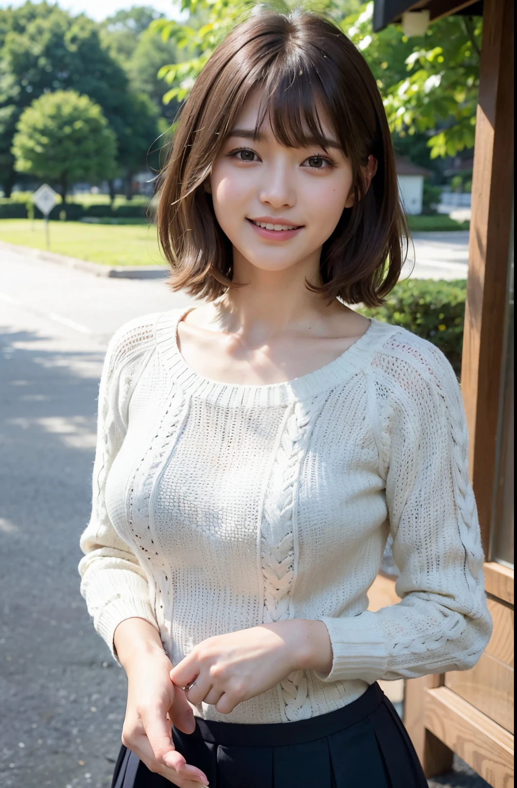 (Raw photo, Best Quality), (Realistic, Photorealsitic:1.3), masutepiece, Extremely delicate and beautiful, Soft light, (Brown hair, Short hair swaying in the wind, Bangs), Beautiful detailed girl, (Detailed fingers), extremely detailed eye and face, beautiful detailed nose, Beautiful detailed eyes, 1 girl, Japanese, Neat and clean beauty, Cute, 年轻, Smile, Sweaters, Skirt, (Half body:1.3), (medium breasts), Realistic face, Realistic body, Outdoors、A big smile