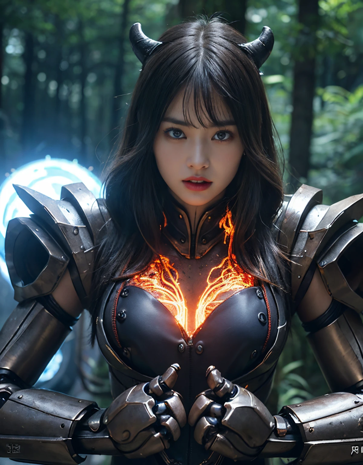 (1 Mechanical Girl)、top-quality、​masterpiece、超A high resolution、(Photorealsitic:1.4)、Raw photo、女の子1人、Fight mutants、glowy skin、(((1 Mechanical Girl)))、（Red Metal Bodysuit）、(Fight goblings、ogre、Fierce battle with orcs),（Fight fiercely against aliens）、Fight fiercely、(beautiful forest background)、(Fighting Demonic Beasts)、(Small LED)、((super realistic details))、portlate、(Strong giant demon beast background),globalillumination、Shadow、octan render、8K、ultrasharp、Colossal tits、Raw skin is exposed in cleavage、red metal、Details of complex ornaments、Japan details、highly intricate detail、Realistic light、(Mystical expression),CGSoation Trends、Blue eyes、radiant eyes、Facing the camera、neon details、(Mechanical limbs)、(blood vessels connected to tubes)、(Wires and cables connecting to the head)、Small LED、,Mechanical thighs、Toostock、（Hands are also made of machines）、（Attack of the Monster Beasts）、