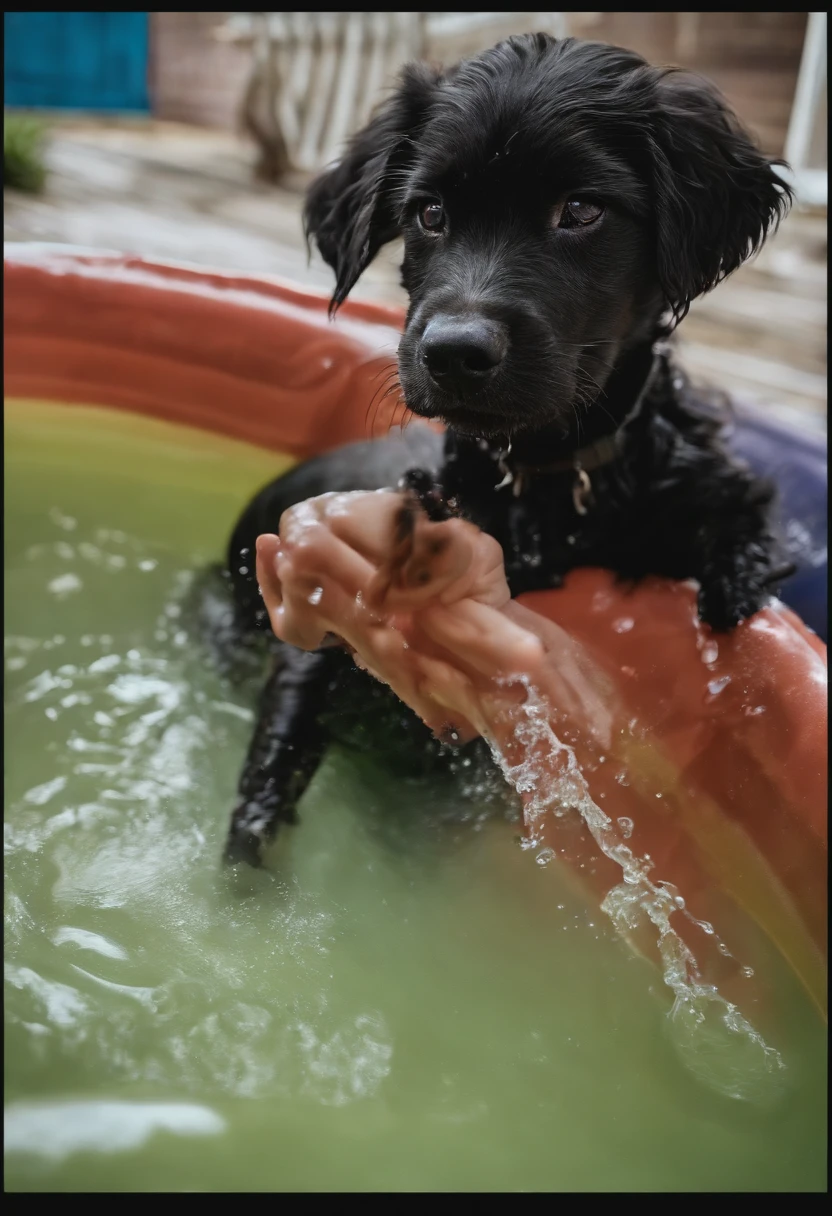A photo of Jinjin splashing around in a kiddie pool, making a big mess,original,ugly dog, small, black, male