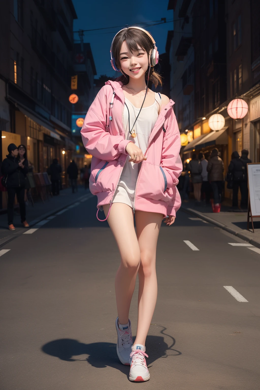 a happy animated girl with headphones on listening to lofi songs, full body