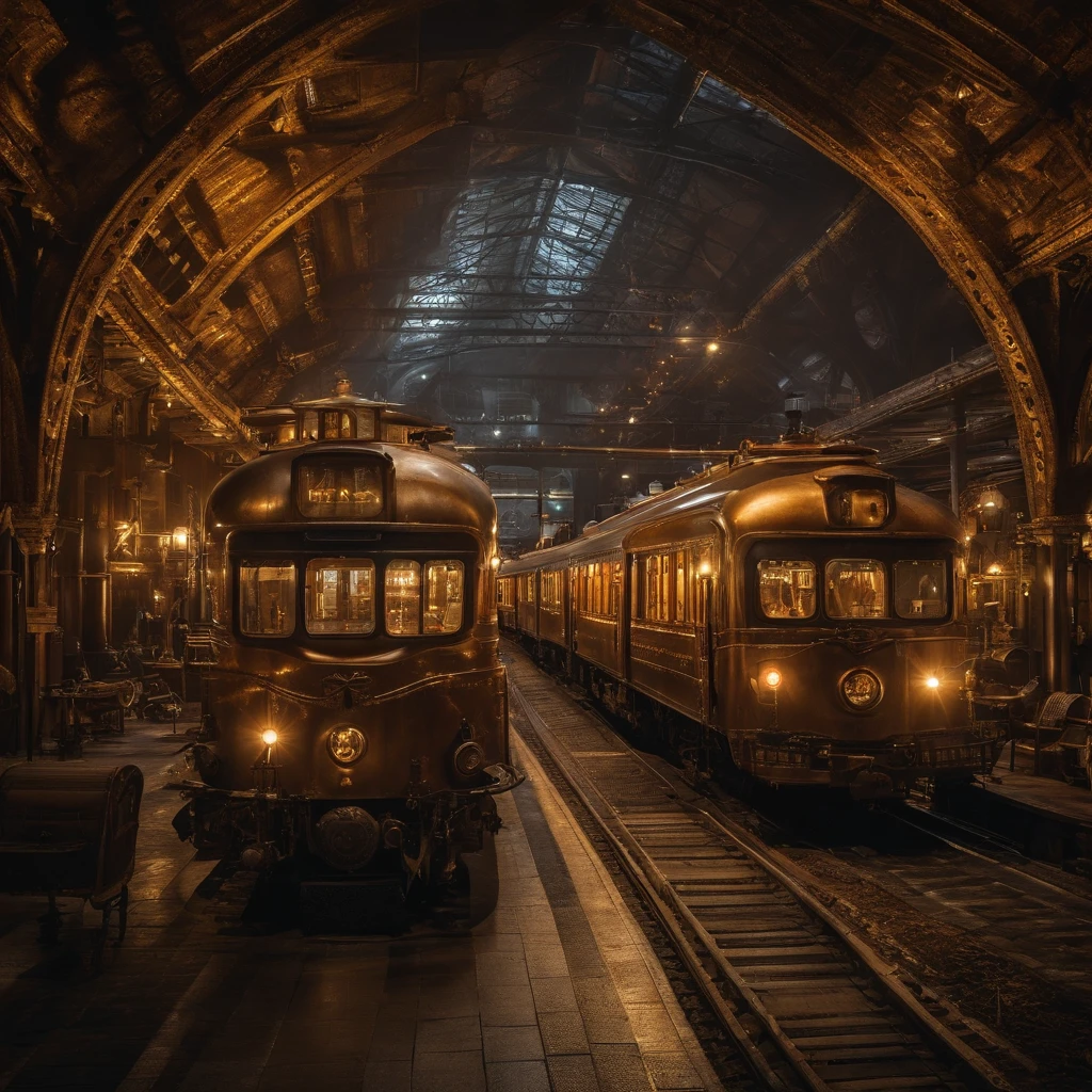 Bangkok Thai train station at night in futuristic steampunk style, realistic, intricate detail, perfect proportion, peaceful, aura, glow, 8k, ultra hdr,dark background, warm spotlight, wide angle view from above