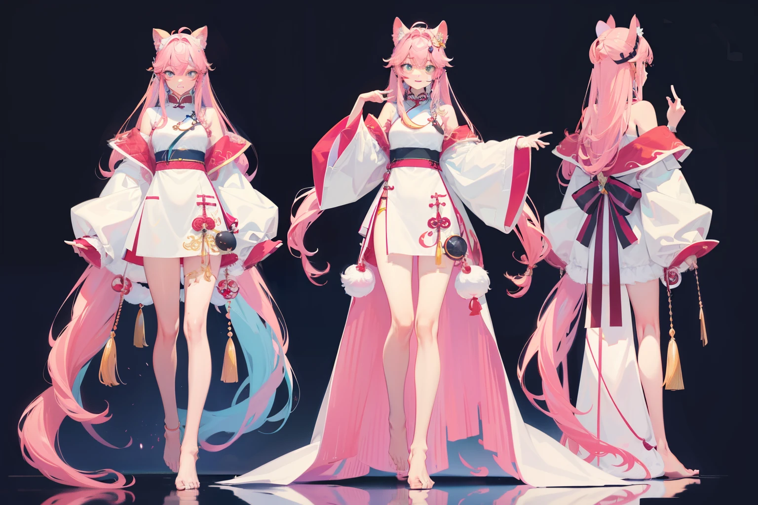 （best images quality，超A high resolution，Best quality at best，ultraclear，Works of masters，is a perfect face，exquisite facial features，）malefocus，multi view，The stands up，full bodyesbian， photorealestic， 1   boy，shoun， A pink-haired，cyan pupils，The barefoot，Unilateral earrings，Abs， China-style，long whitr hair，beast ear ((Trilateral view,full bodyesbian,simple backgound,multi view,A high resolution)).character  design， Character design，gaming character，with black background