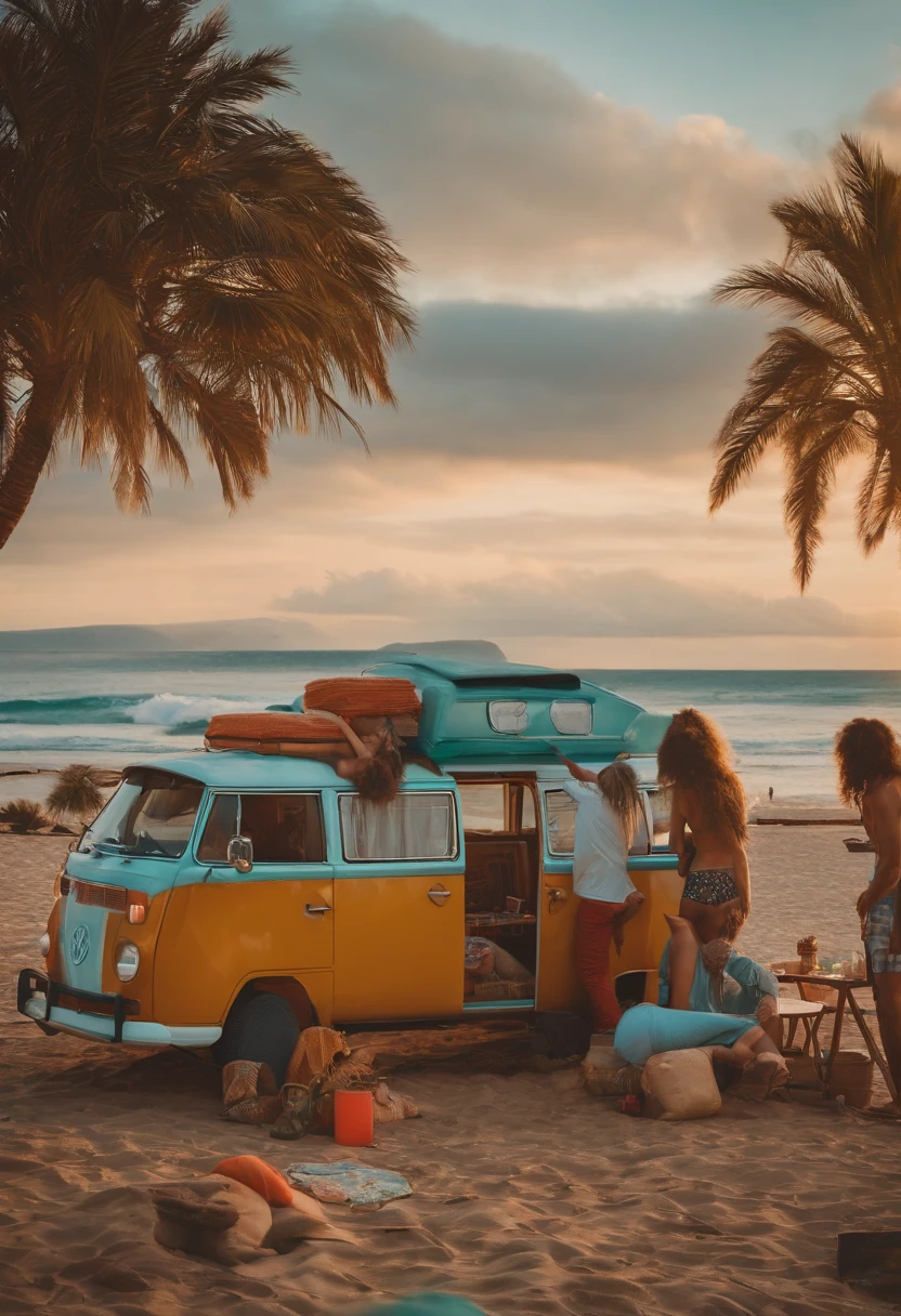 A photo of the character and a group of friends enjoying a wake and bake session in a cozy and colorful VW camper van, parked by the beach.,original,long hair, scruffy dressed, always has a bong in hand, male